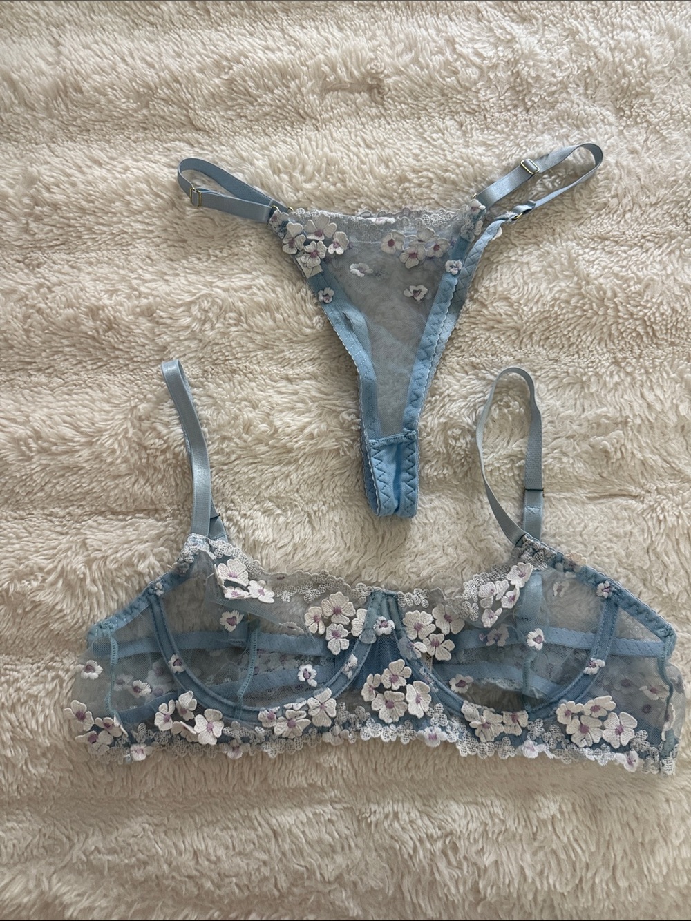 Light Blue Sheer Floral Embroidered Bralette & Thong Set